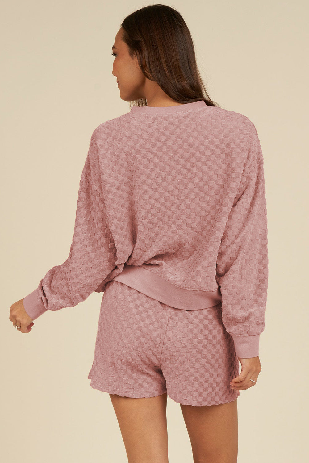 Evie – Blossom Checkered Textured Long Sleeve Top and Shorts Set