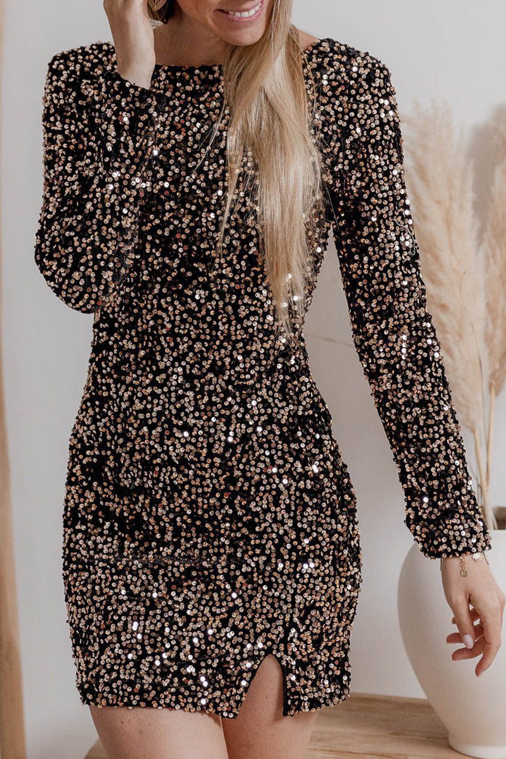 Alora – Chestnut Sequin Long Sleeve Bodycon Dress