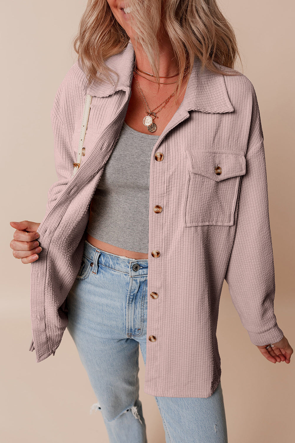 Jocelyn – Corduroy Button-Up Shacket with Flap Pockets