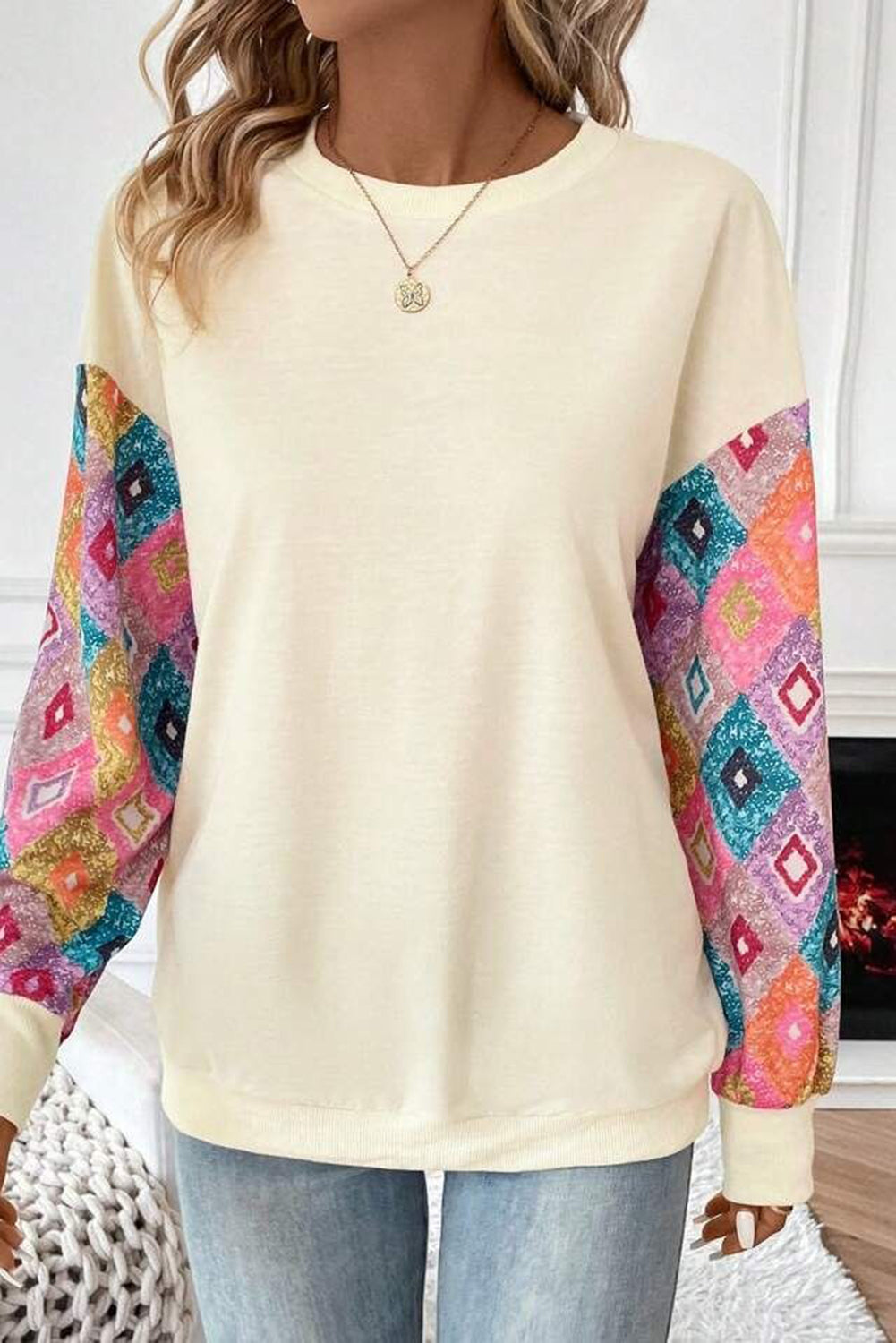 Daphne – Apricot Geometric Printed Patchwork Long Sleeve Round Neck Top