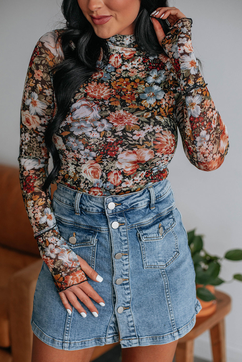 Vivienne – Brown Floral Long Sleeve High Neck Mesh Blouse