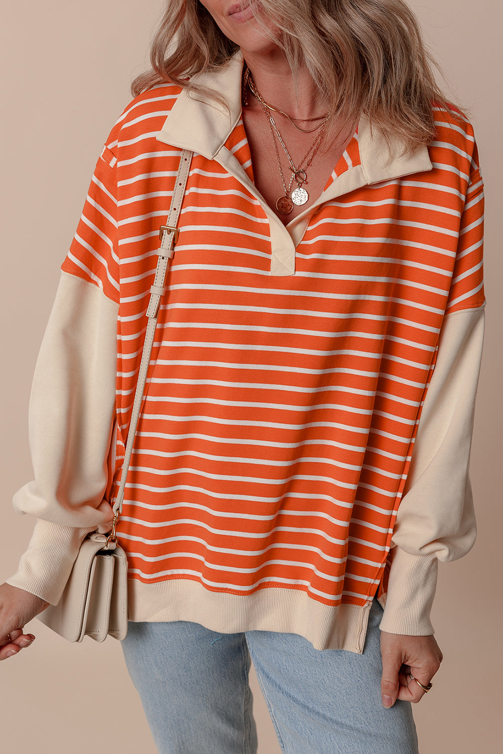 Angelina – Stripe Color Block Drop Shoulder Sweatshirt with Collar