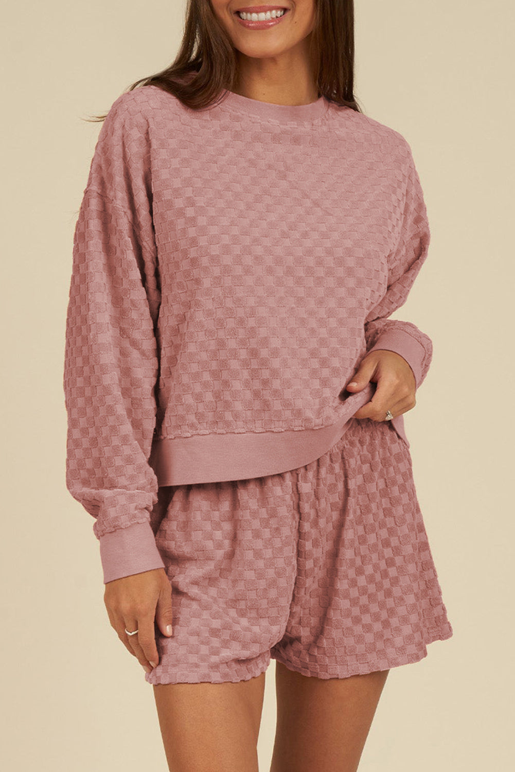 Evie – Blossom Checkered Textured Long Sleeve Top and Shorts Set