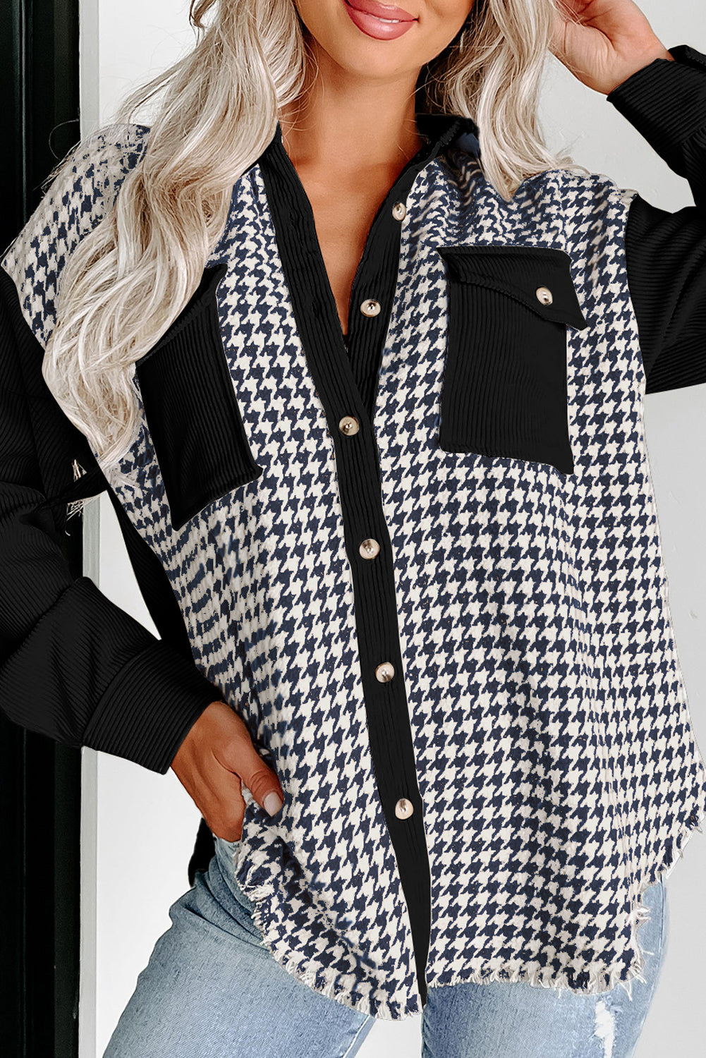 Laila – Houndstooth Patchwork Corduroy Shacket with Flap Pockets