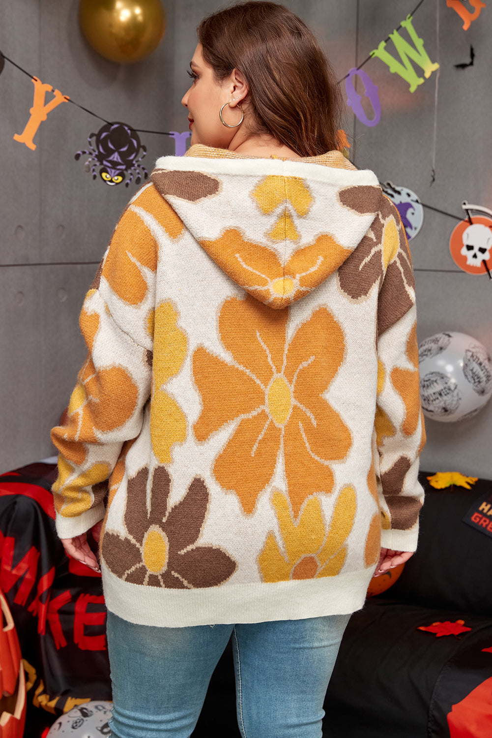 Aniyah – Plus Size Knitted Hoodie with Floral Design