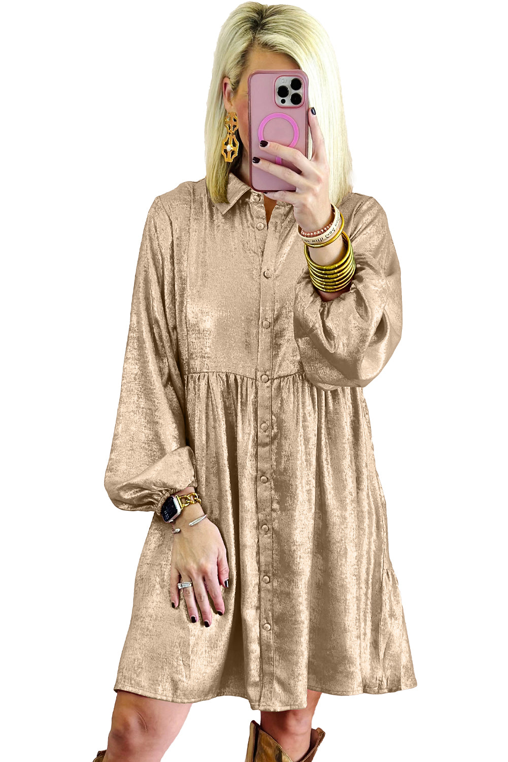 Alexandra – Apricot Metallic Puff Sleeve Mini Shirt Dress with Button Front