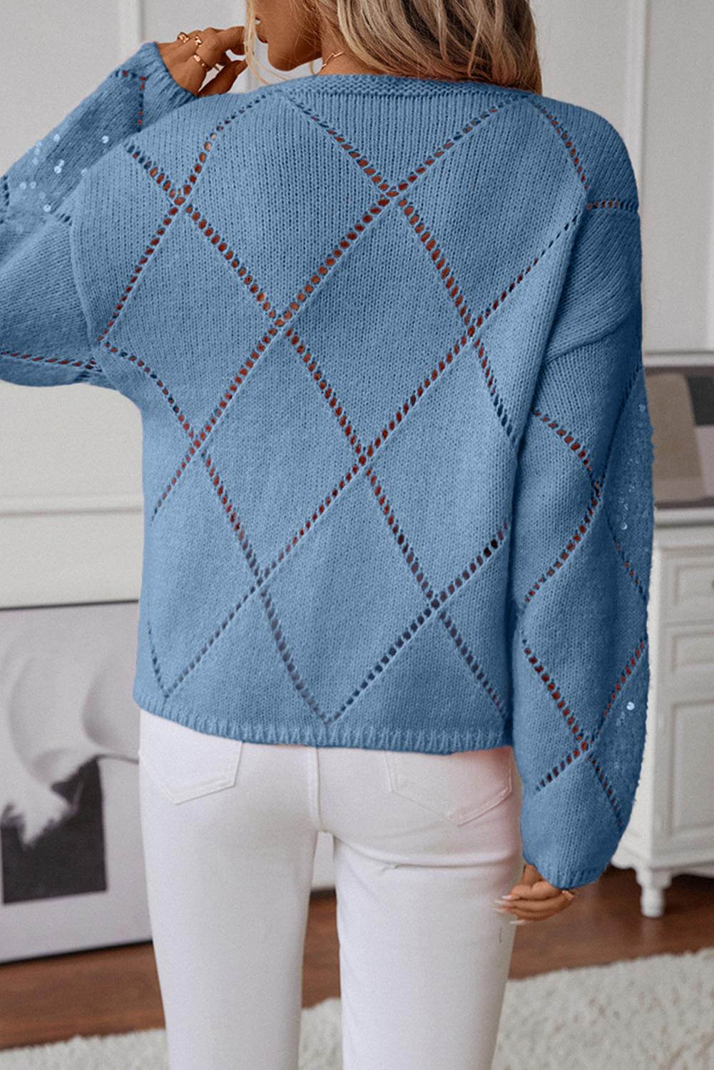 Selah – Light Pink Sequin Knit Sweater with Hollow Diamond Pattern