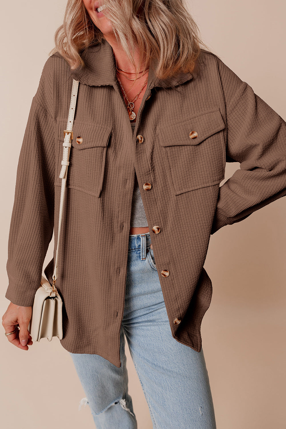 Jocelyn – Corduroy Button-Up Shacket with Flap Pockets