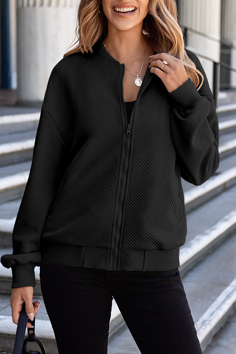 Rory – Textured Zip-Up Bomber Jacket with Stand Collar