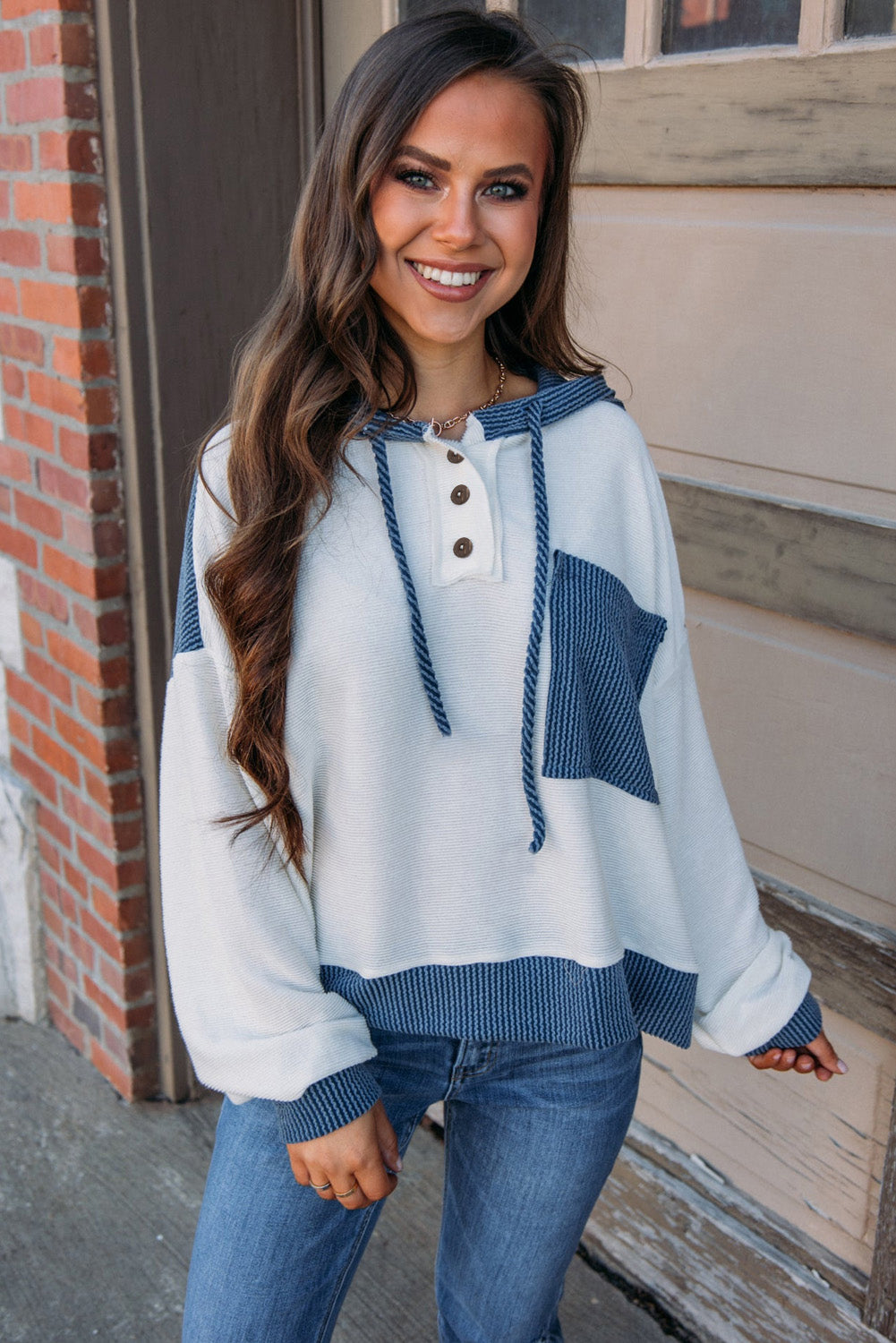 Octavia – Corded Patch Pocket Drawstring Hooded Top