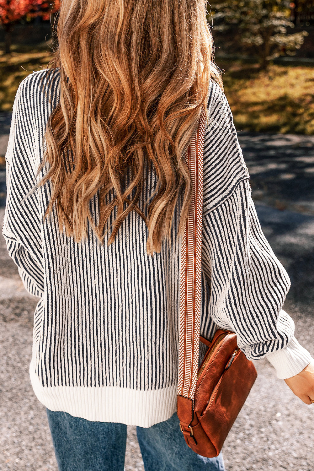 Navy – Women's Striped Textured Knit Loose Fit Sweater