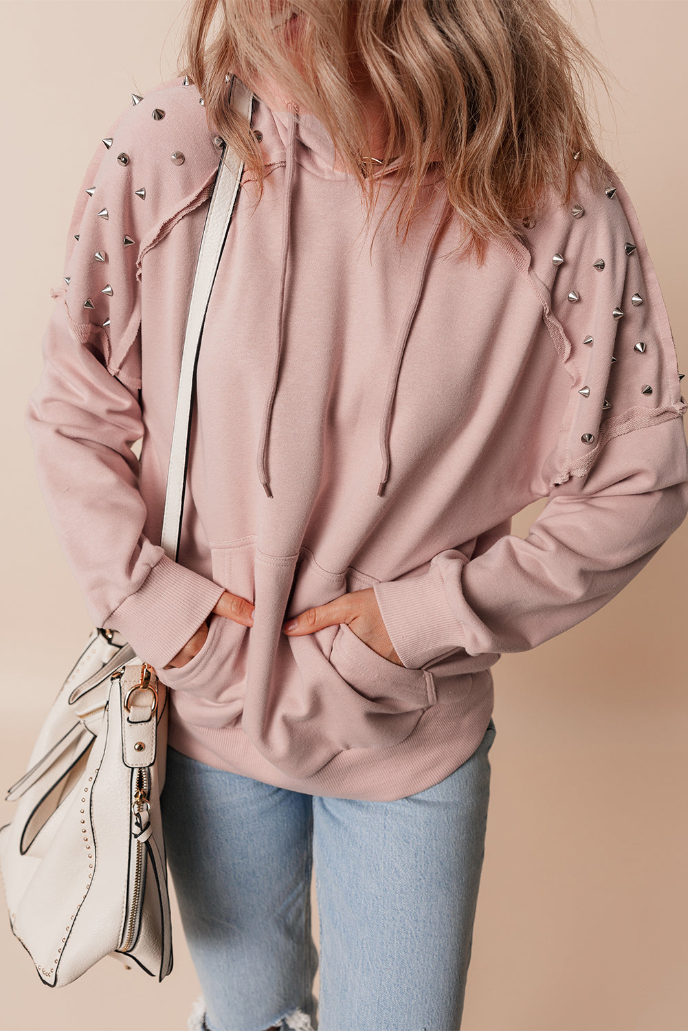 Elise – Solid Color Rivet Stud Raglan Sleeve Hoodie with Pocket