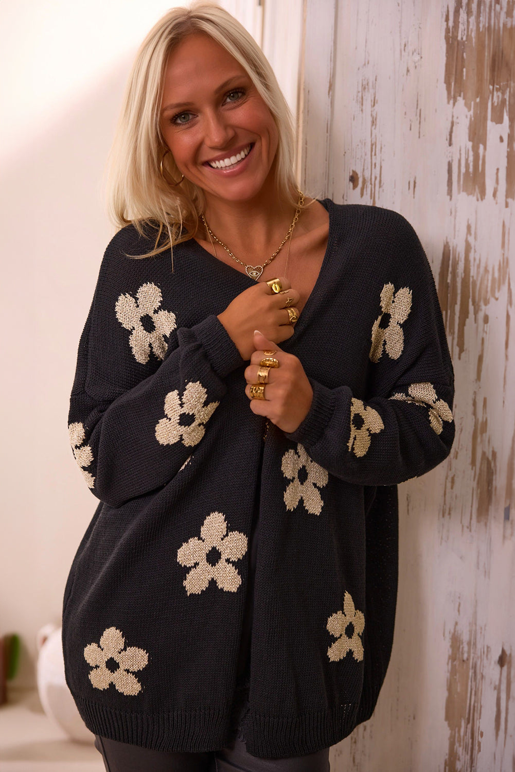 Kaylani – Floral Print Knitted Open Front Loose Cardigan