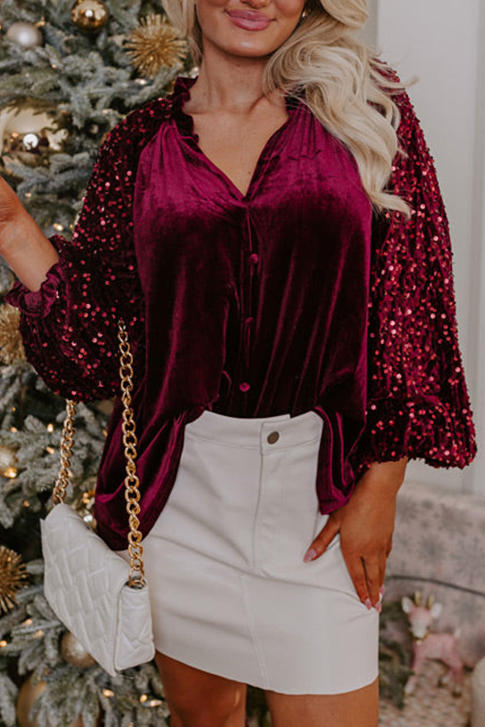 Serena – Women’s Velvet Button-Up Top with Sequin Patchwork Sleeves