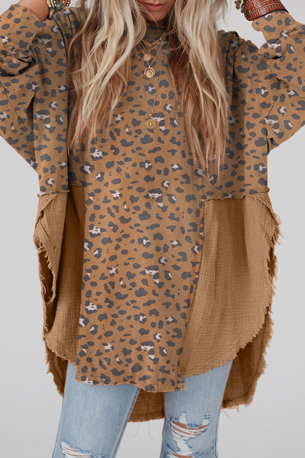 Gabriela – Oversized Leopard Patchwork Raw Edge Blouse