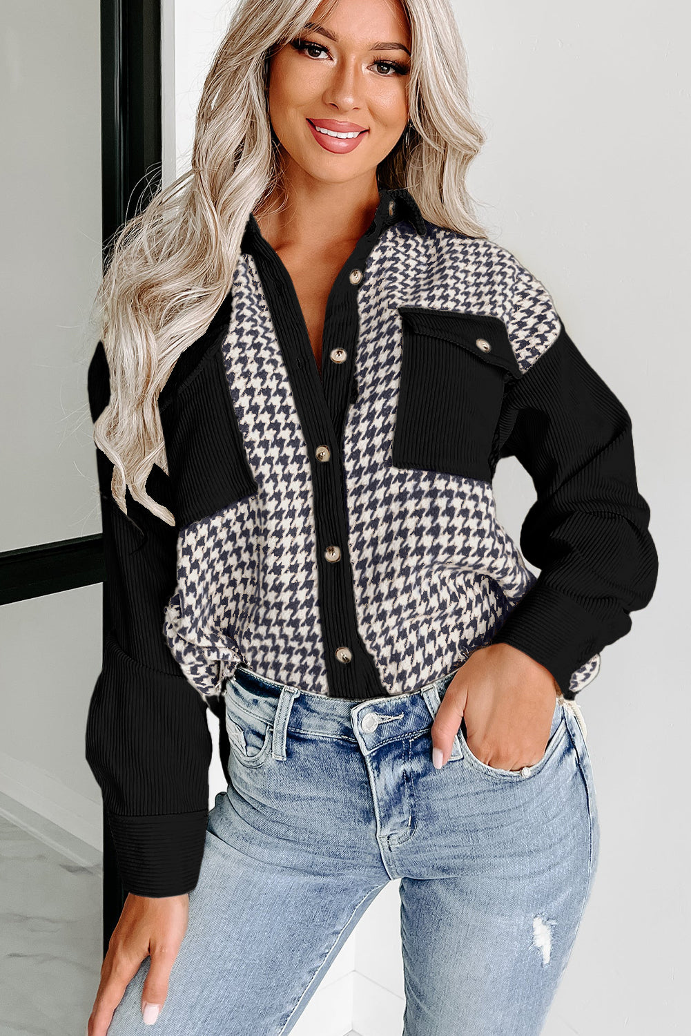 Laila – Houndstooth Patchwork Corduroy Shacket with Flap Pockets