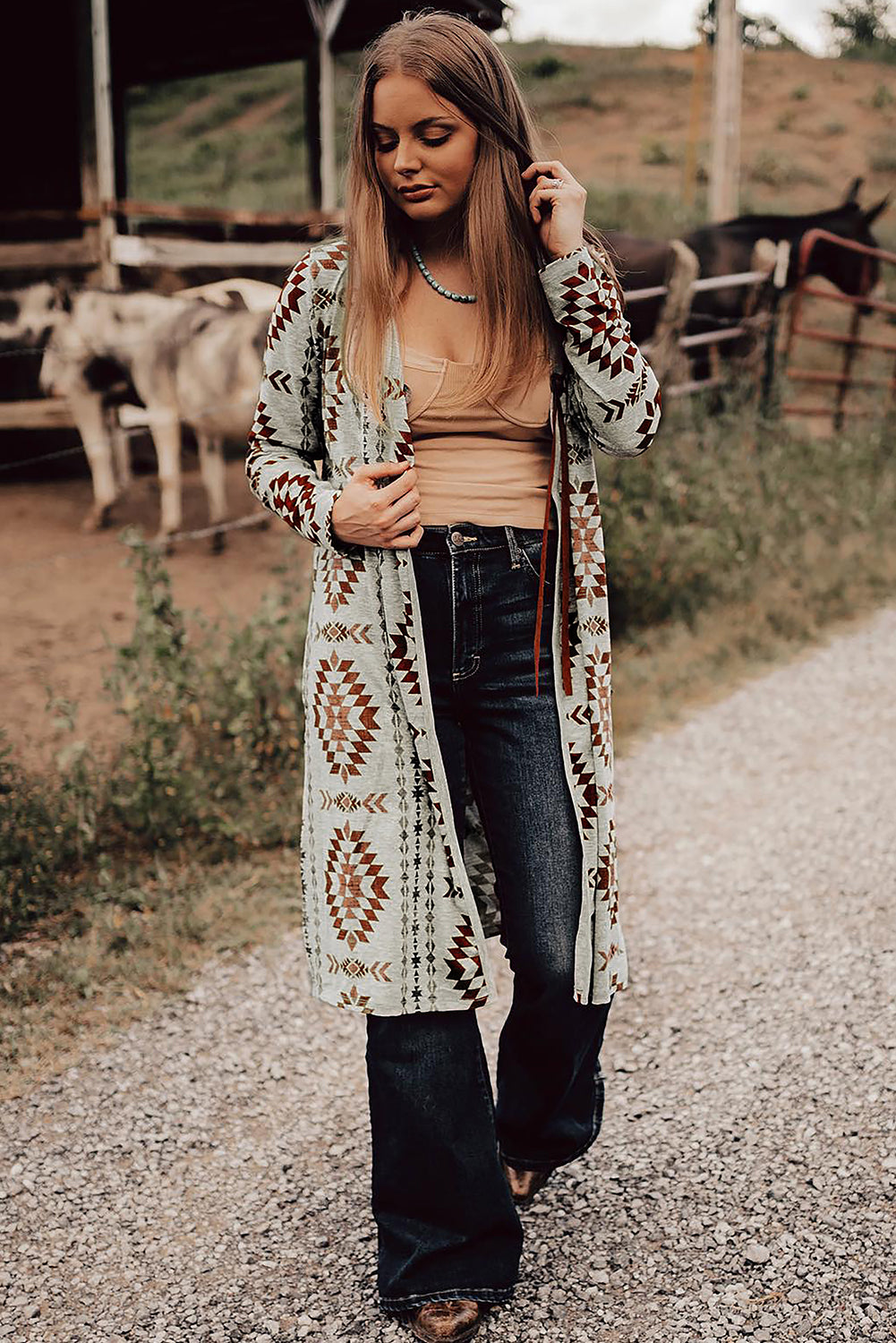Morgan – Brown Western Aztec Printed Open Front Long Cardigan