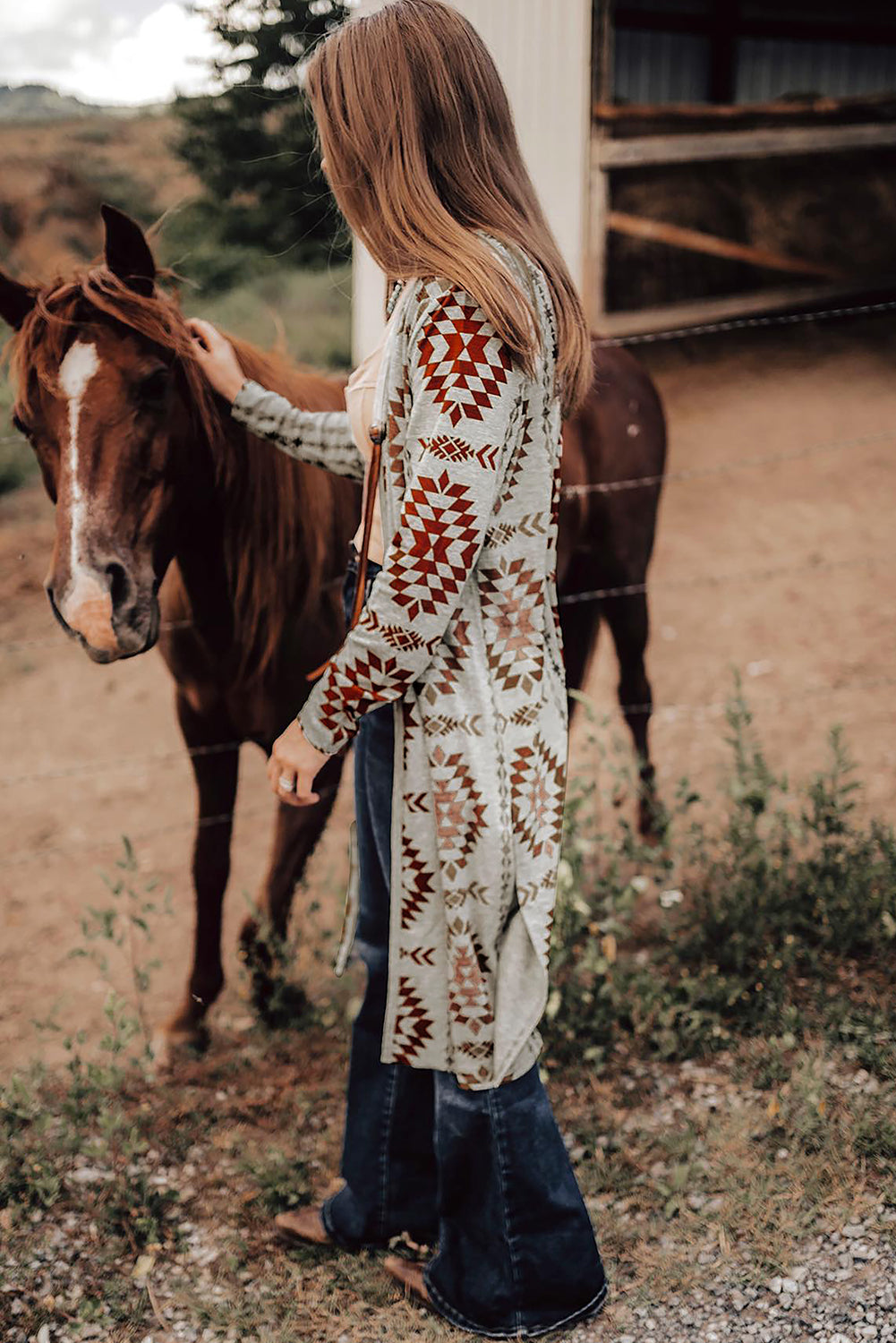 Morgan – Brown Western Aztec Printed Open Front Long Cardigan