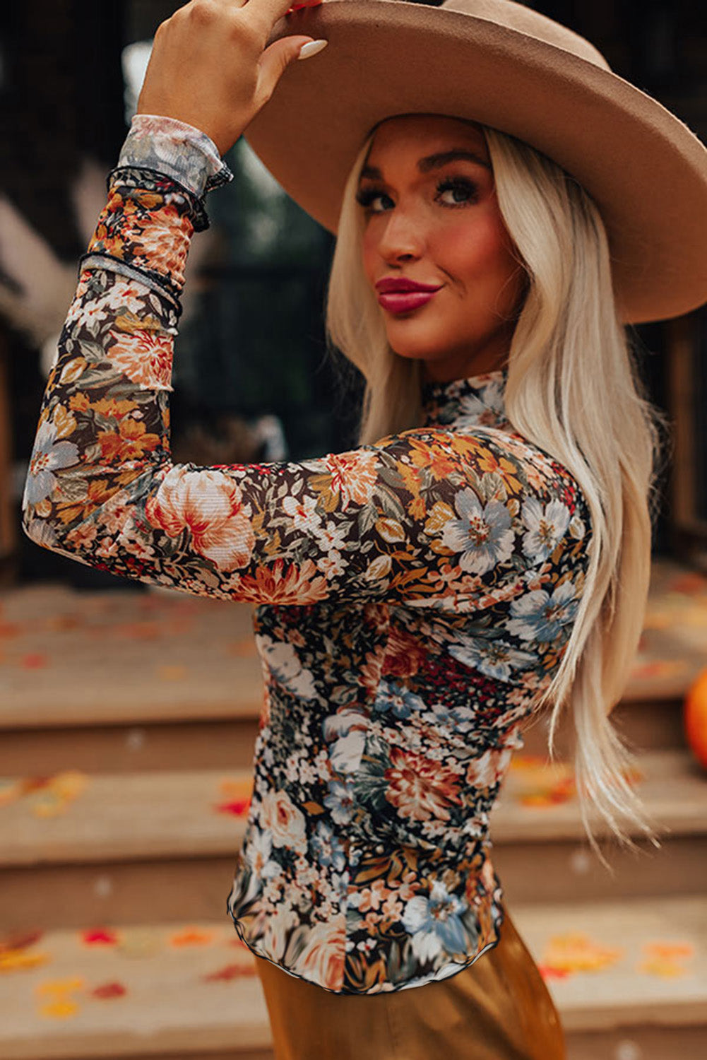 Vivienne – Brown Floral Long Sleeve High Neck Mesh Blouse