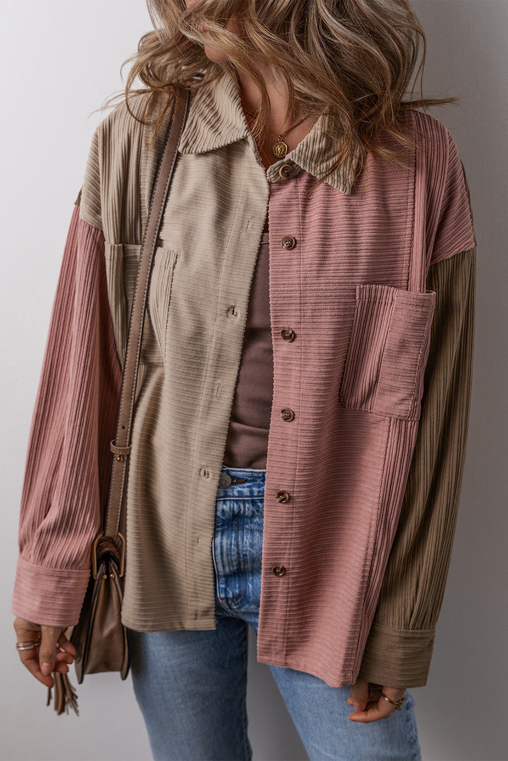 Regina – Corduroy Color Block Button-Up Shacket with Chest Pockets