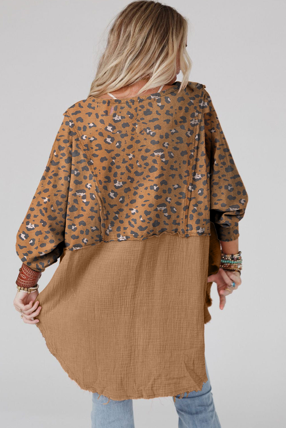 Gabriela – Oversized Leopard Patchwork Raw Edge Blouse