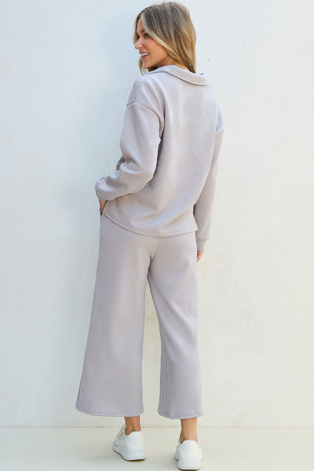 Talia – Solid Textured Collared V-Neck Top and Wide Leg Pants Set