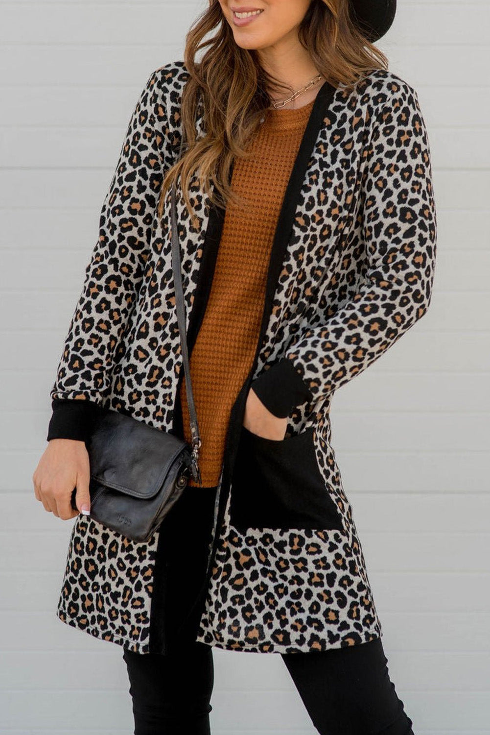 Aitana – Black Open Front Leopard Print Pocket Cardigan