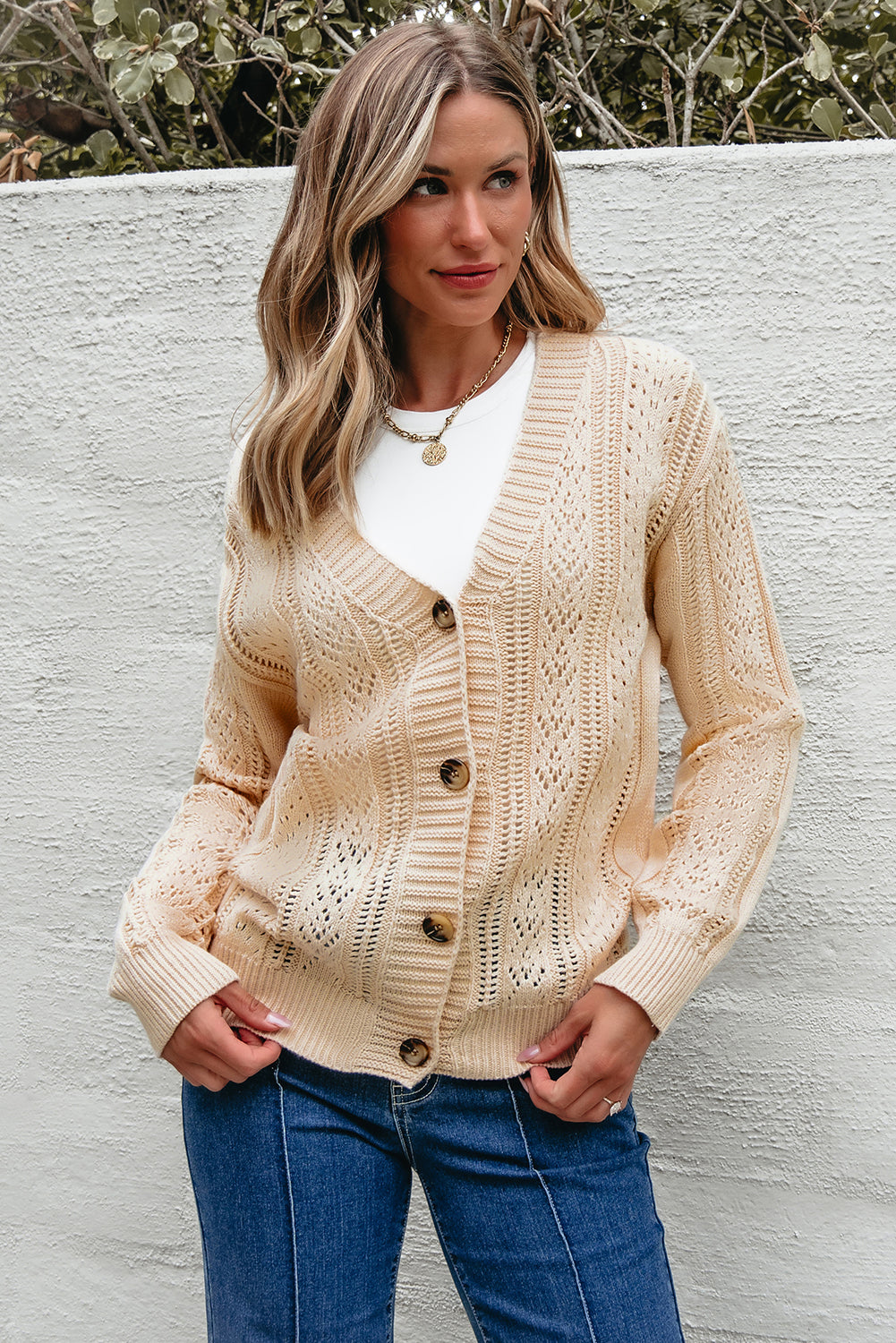 Winter – Women's Open Knit Buttoned Cardigan with Drop Shoulders