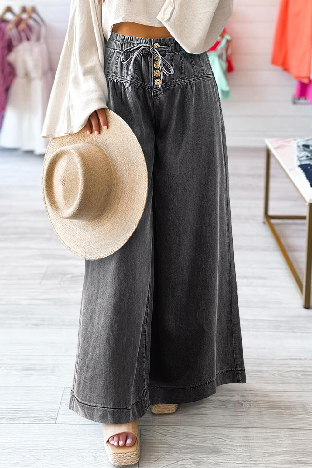 Malia – Button Fly Waist Wide Leg Jeans