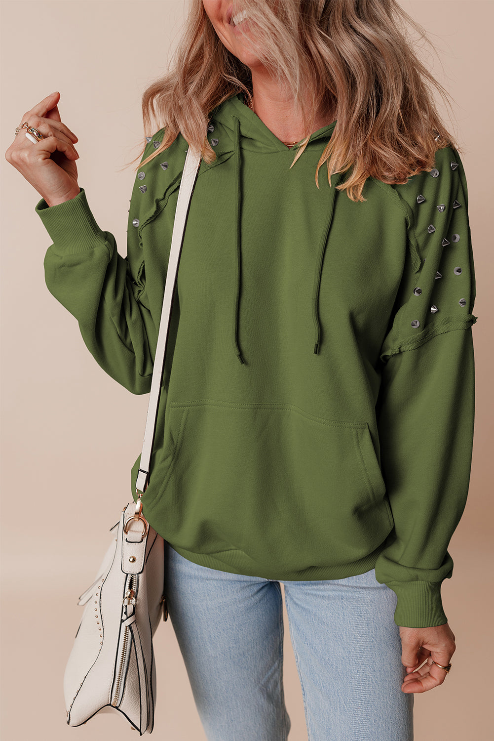 Elise – Solid Color Rivet Stud Raglan Sleeve Hoodie with Pocket