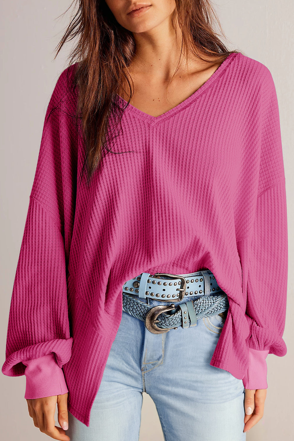 Danna – Waffle Knit V-Neck Drop Shoulder Loose Fit Blouse
