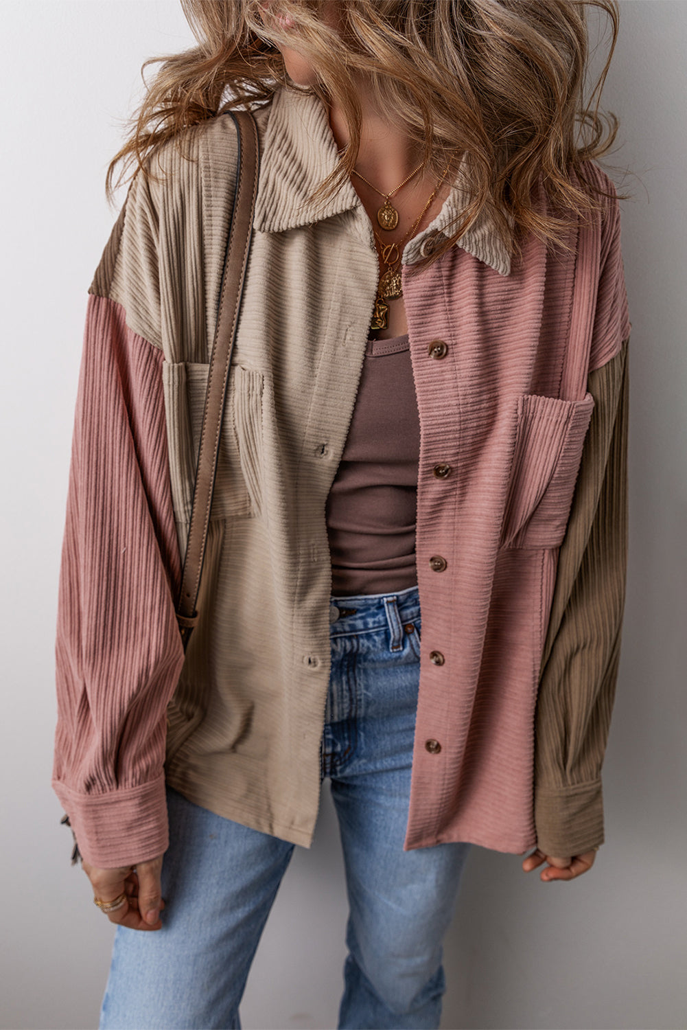 Regina – Corduroy Color Block Button-Up Shacket with Chest Pockets