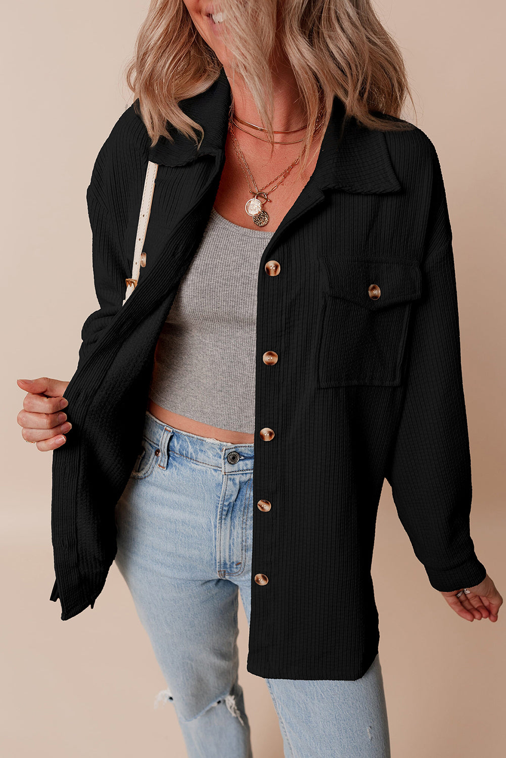 Jocelyn – Corduroy Button-Up Shacket with Flap Pockets