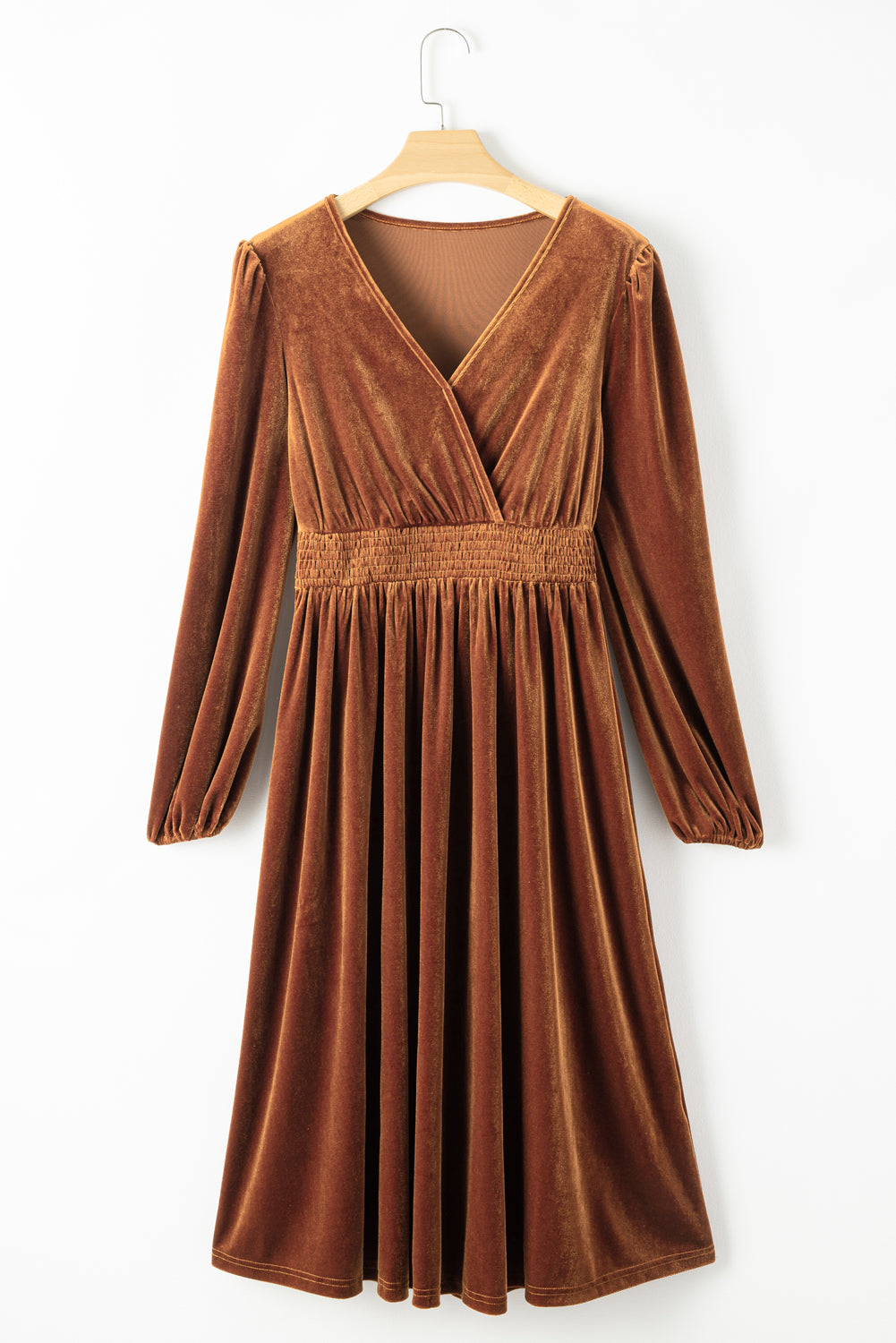 Wren – Camel Velvet Midi Dress with V-Neck, Smocked Waist & Long Sleeves