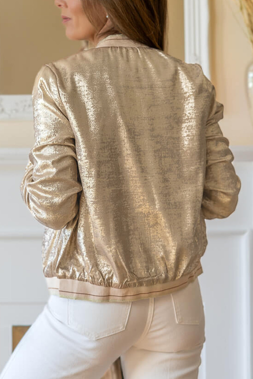 Aspen – Pale Khaki Metallic Zip-Up Baseball Jacket