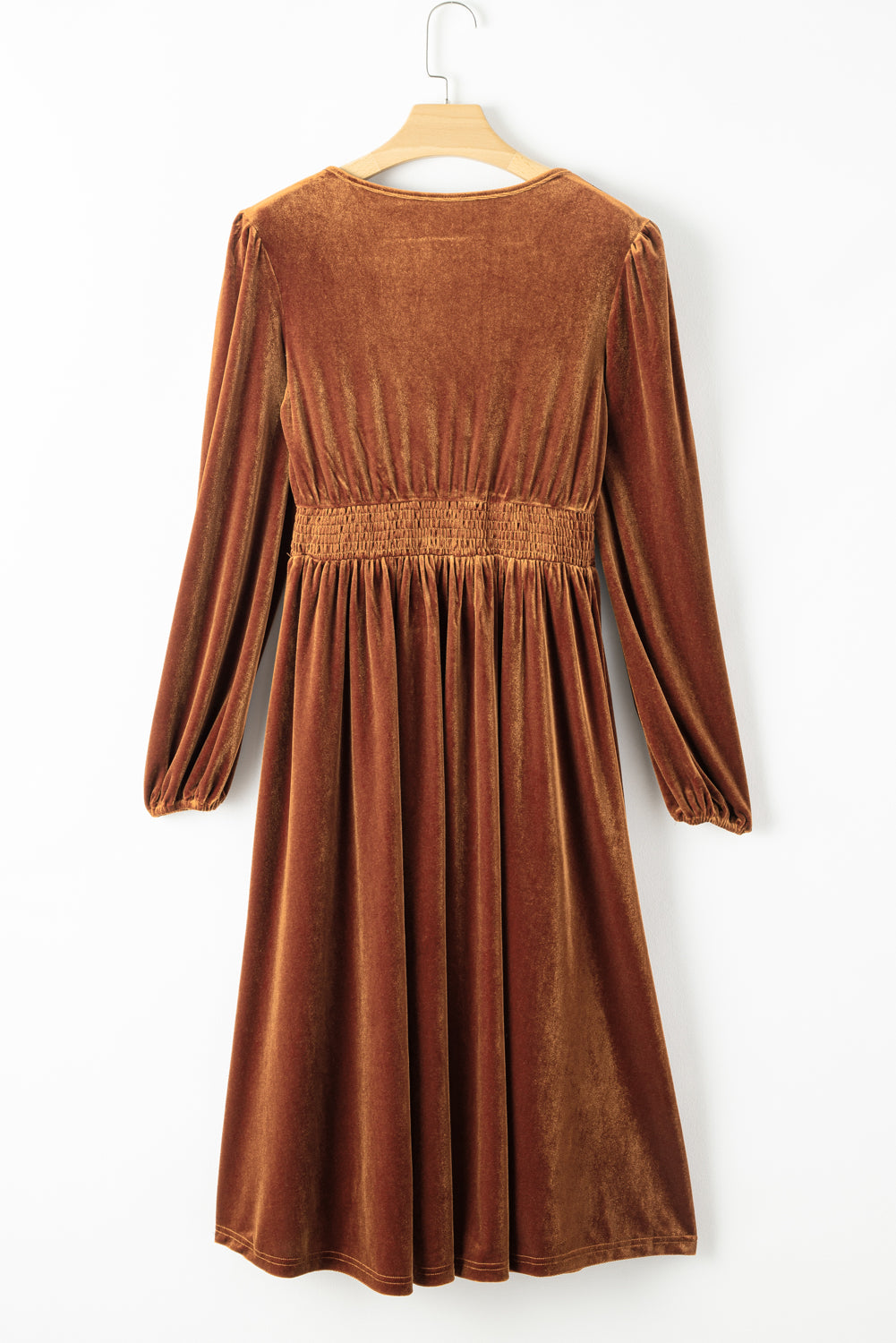 Wren – Camel Velvet Midi Dress with V-Neck, Smocked Waist & Long Sleeves