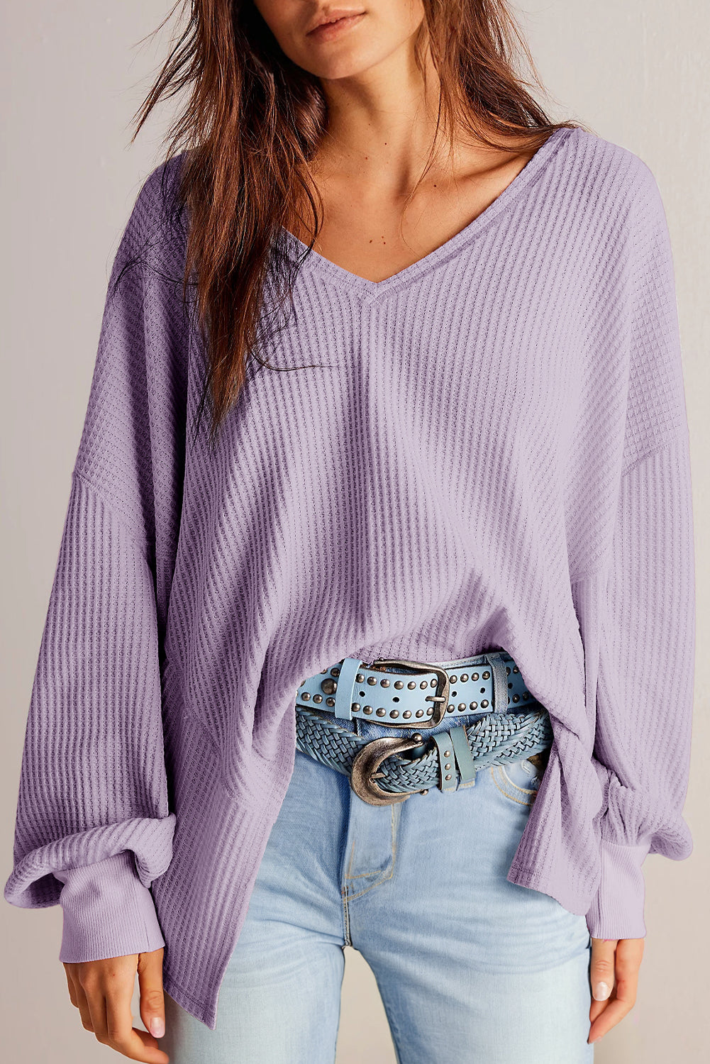 Danna – Waffle Knit V-Neck Drop Shoulder Loose Fit Blouse