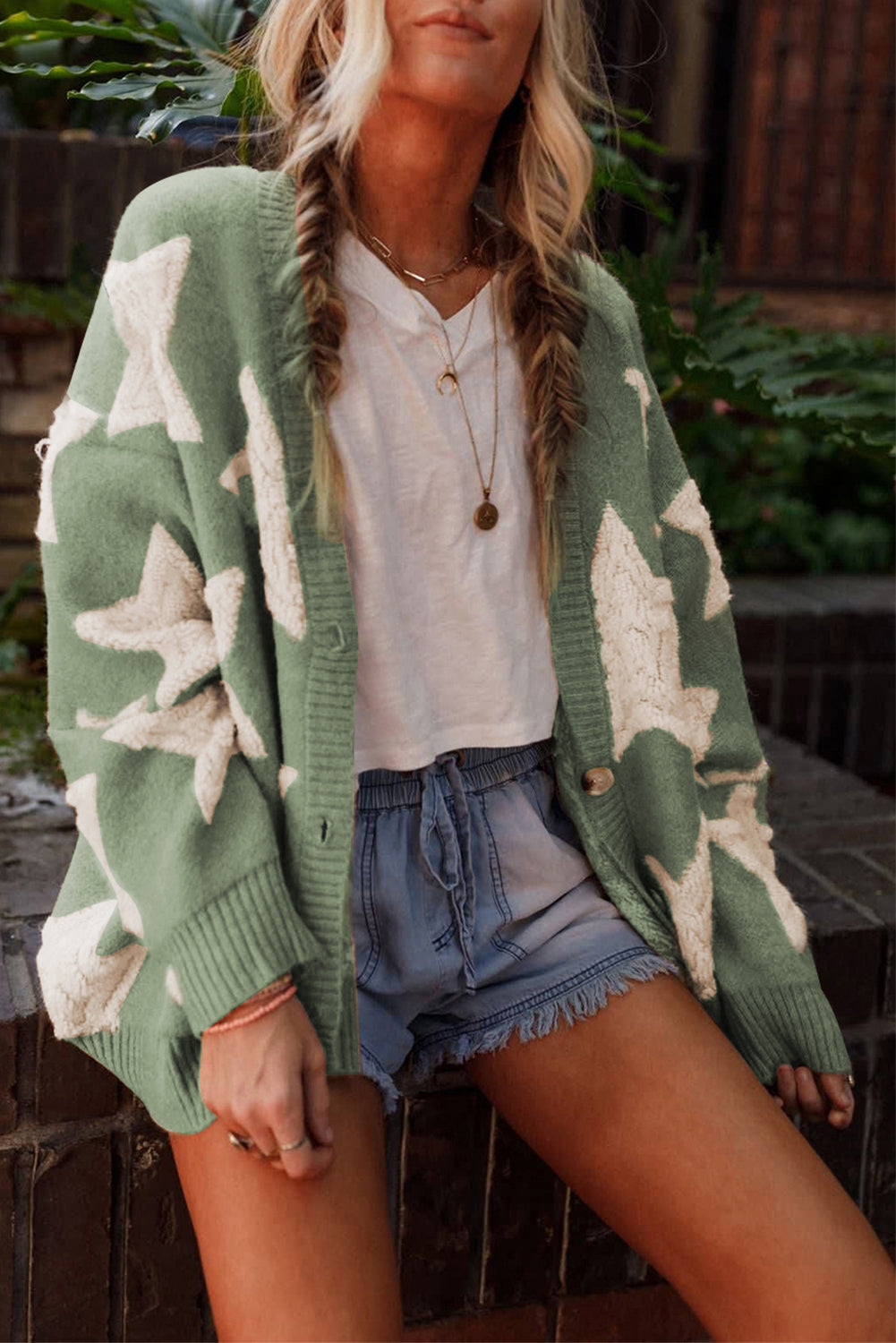 Amari – Sherpa Knit Cardigan with Star Texture