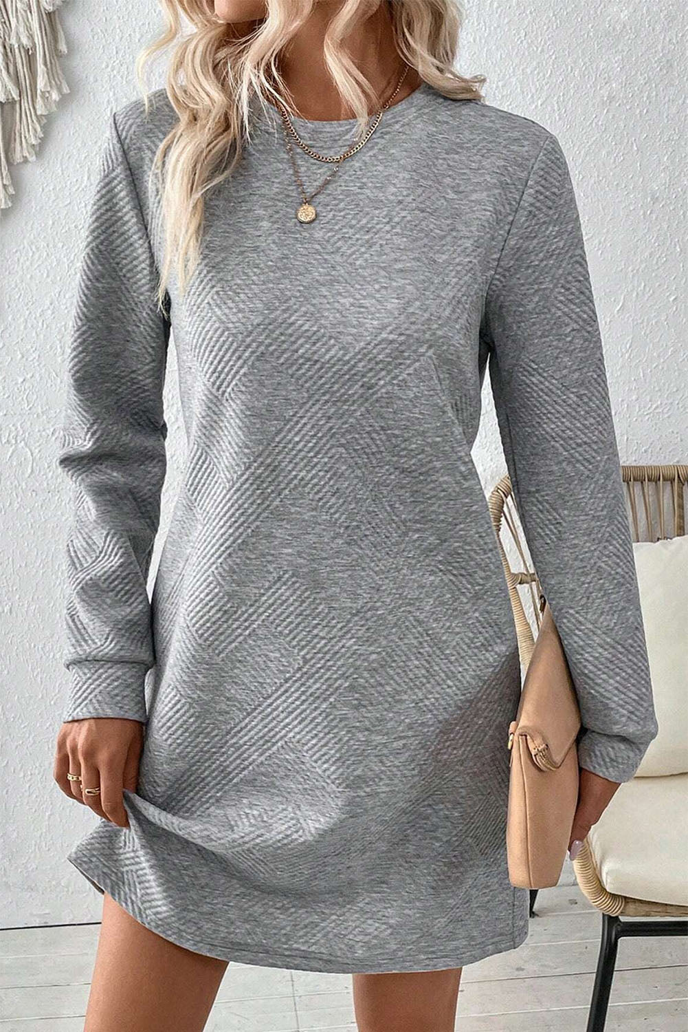 Alaina – Gray Textured Long Sleeve Mini Shift Dress