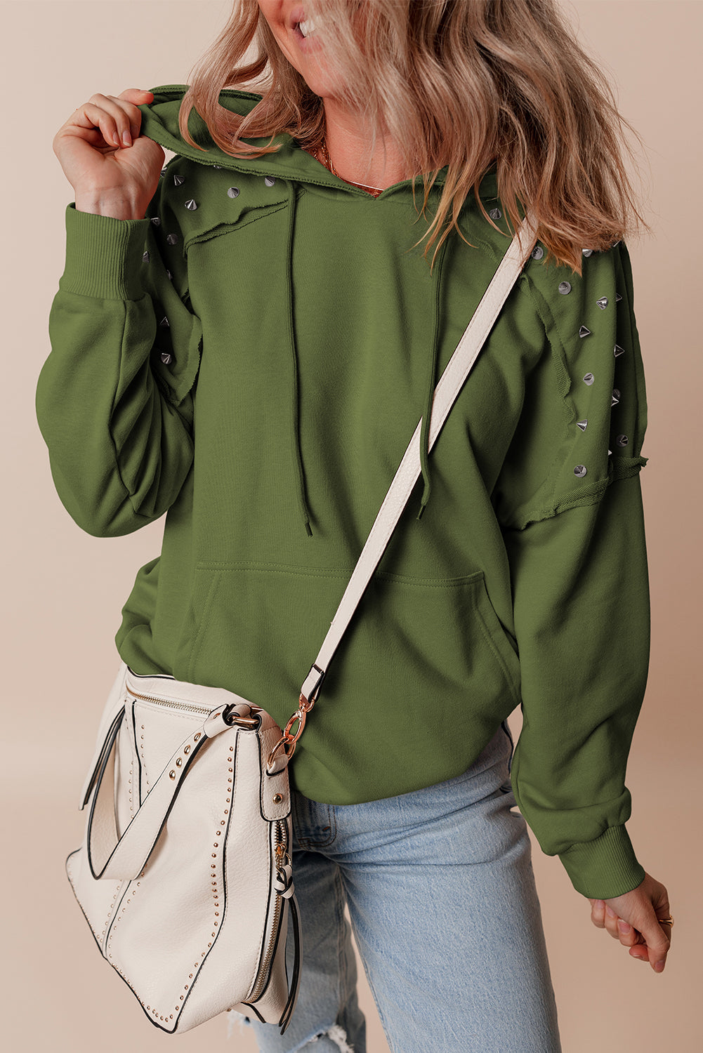Elise – Solid Color Rivet Stud Raglan Sleeve Hoodie with Pocket
