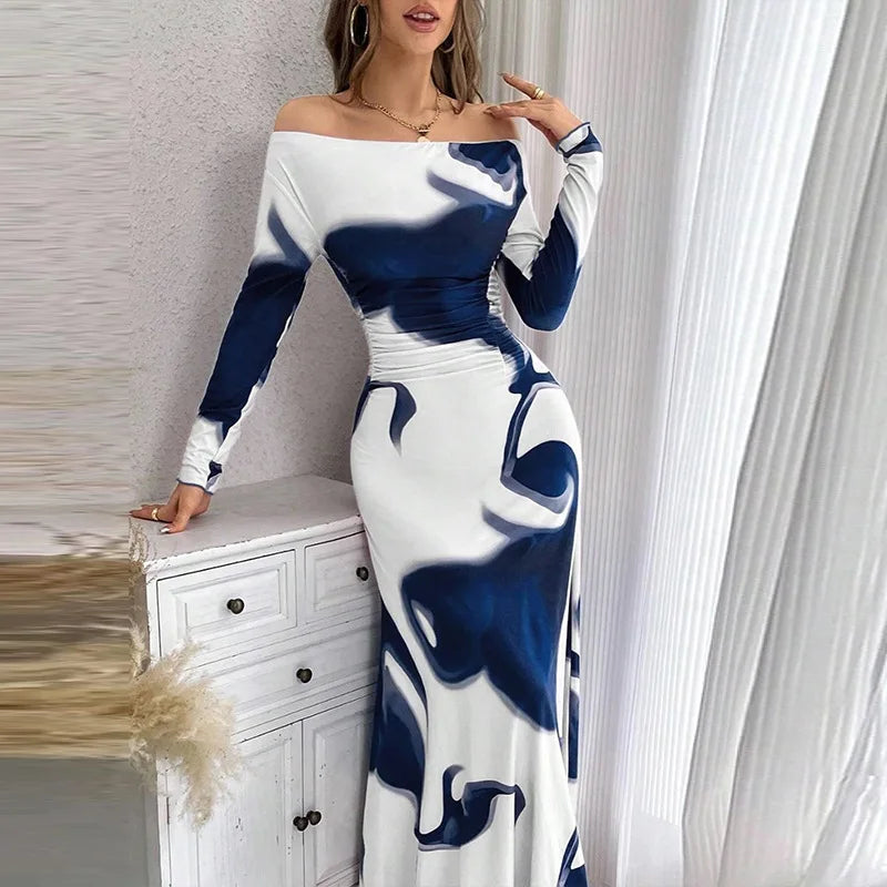 Valentina – Printed Long Sleeve Dress with Pleated Waist
