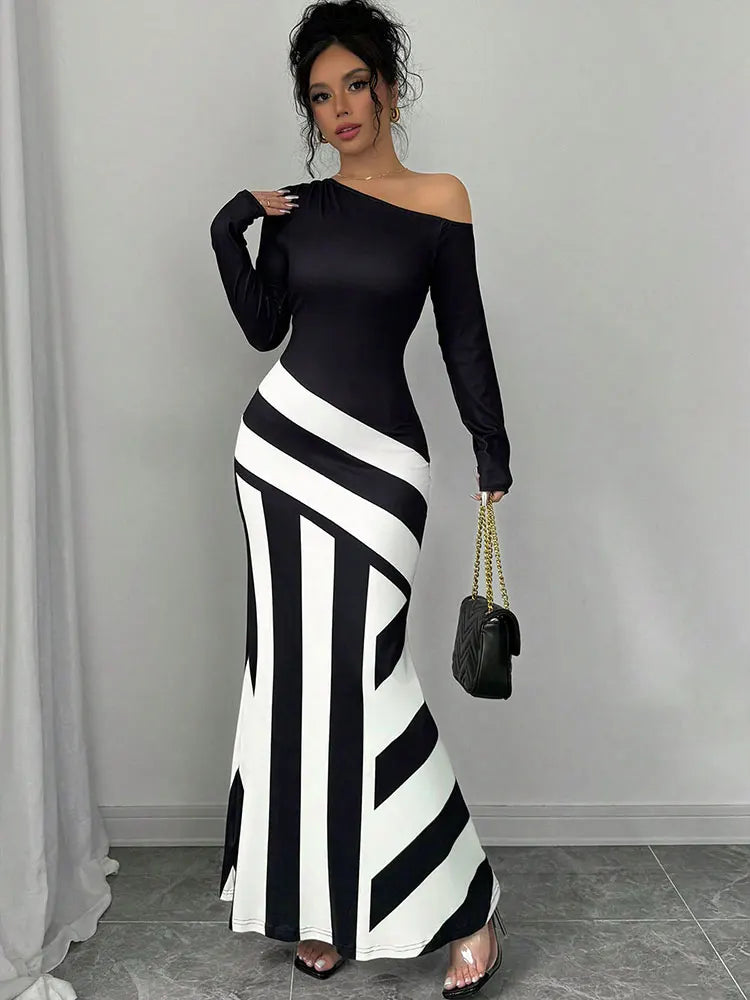 Delilah – Black and White Patchwork Maxi Dress