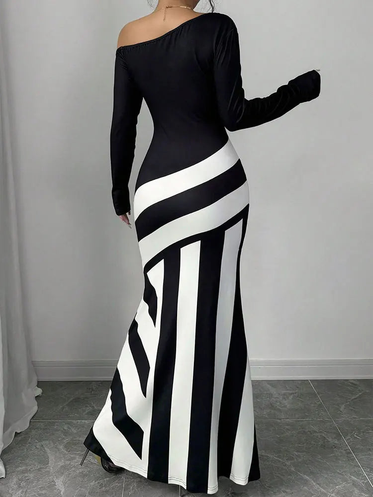 Delilah – Black and White Patchwork Maxi Dress