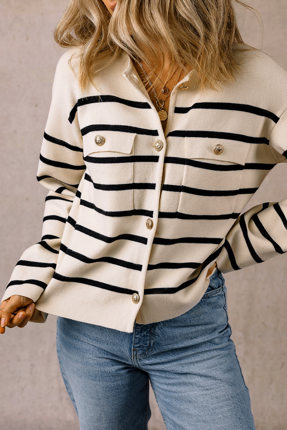 Itzel – Women's Striped Knit Cardigan with Flap Pockets