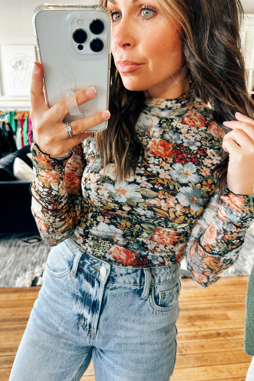Vivienne – Brown Floral Long Sleeve High Neck Mesh Blouse