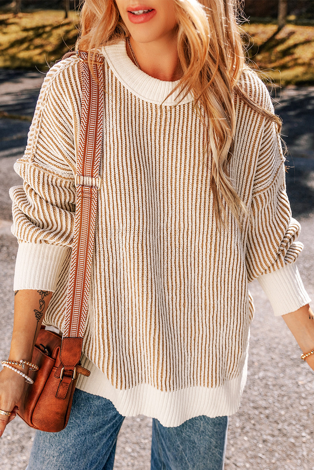 Navy – Women's Striped Textured Knit Loose Fit Sweater