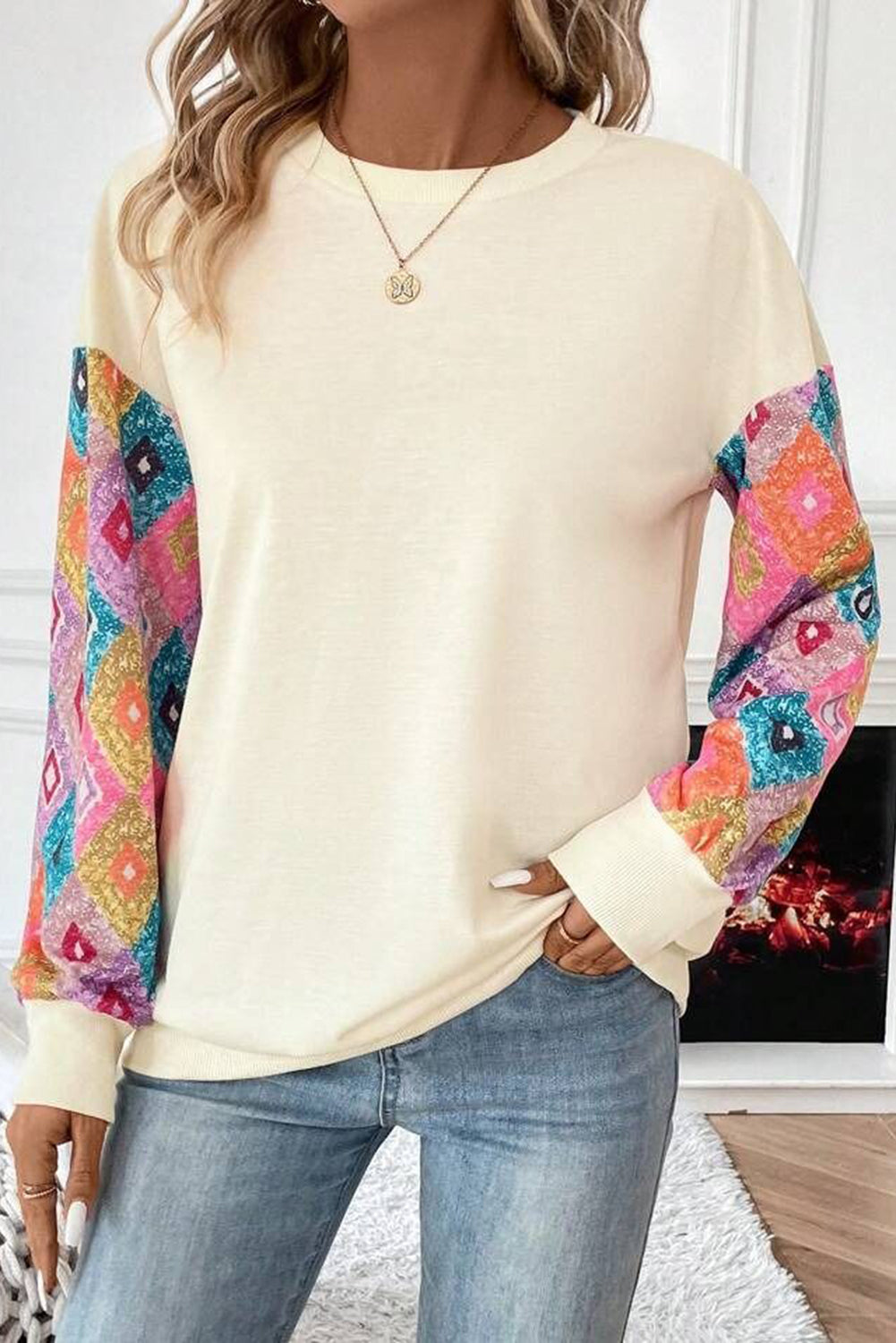 Daphne – Apricot Geometric Printed Patchwork Long Sleeve Round Neck Top