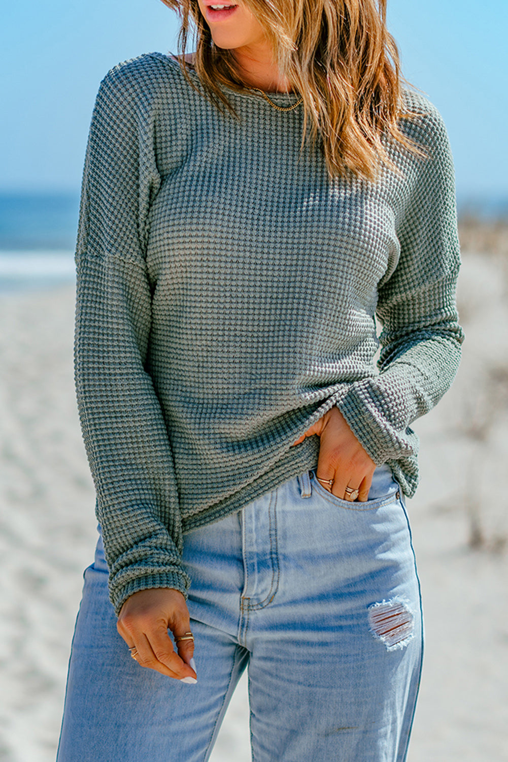 Payton – Waffle Knit Drop Shoulder Long Sleeve Top