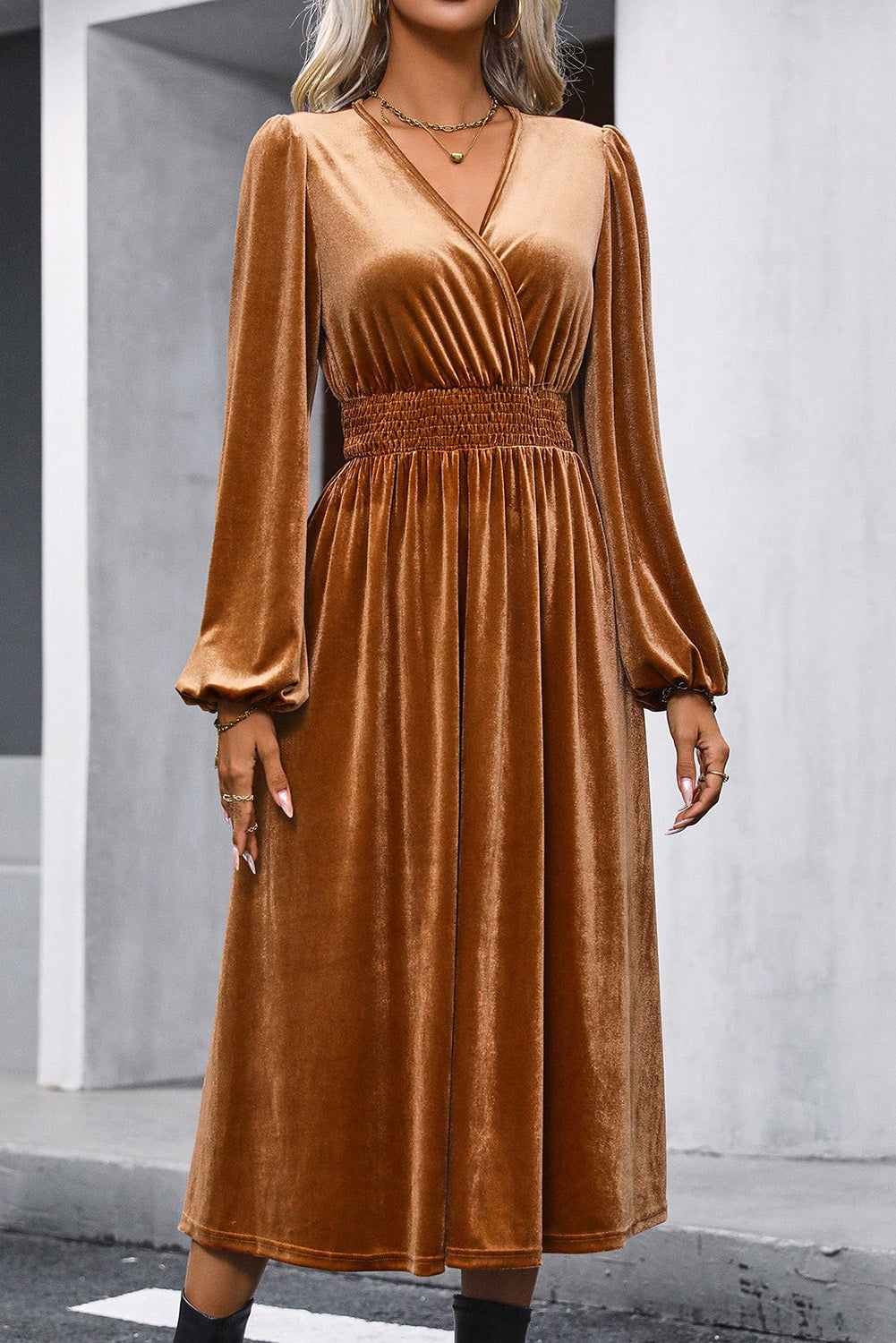 Wren – Camel Velvet Midi Dress with V-Neck, Smocked Waist & Long Sleeves