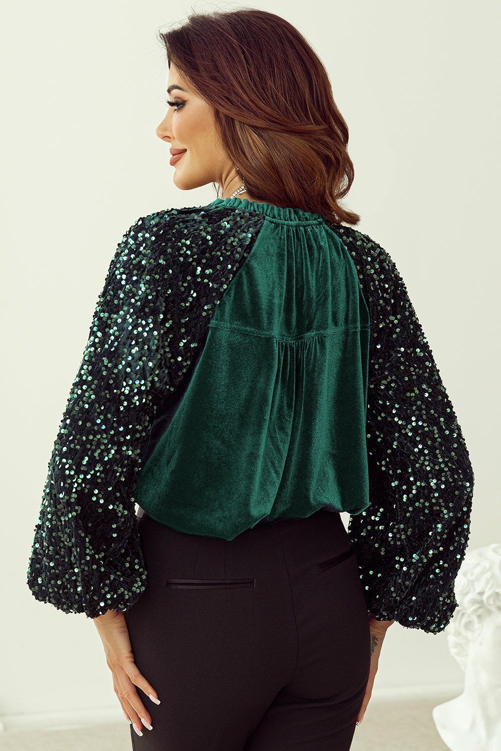Serena – Women’s Velvet Button-Up Top with Sequin Patchwork Sleeves